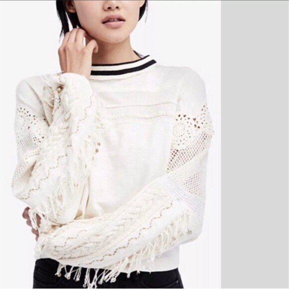 Free People Size M Marakesh Embellished Crochet Sweater Top Ivory Cotton New - Picture 3 of 13